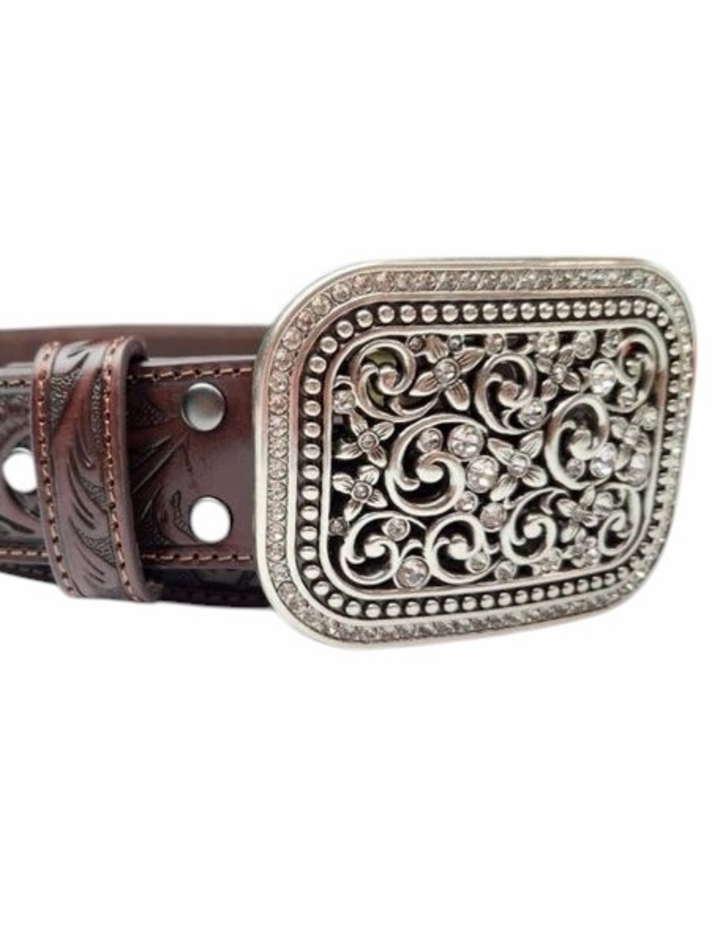 Ariat Tooled Leather Western Belt Crystal Buckle Brown Size Large NWT - Picture 3 of 5